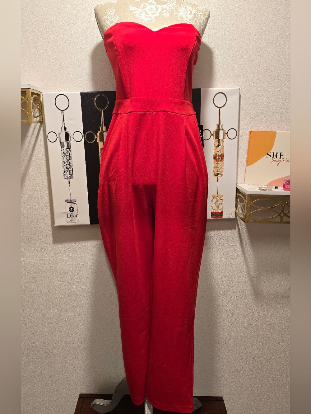 Express Size 6 Strapless Red Jumpsuit